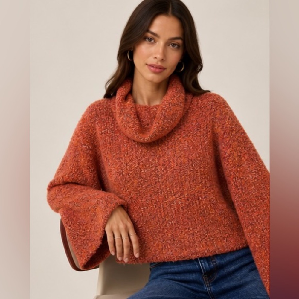 VICI Rust Orange Boucle Cowl Neck Sweater Size Medium Bell Sleeve Pullover